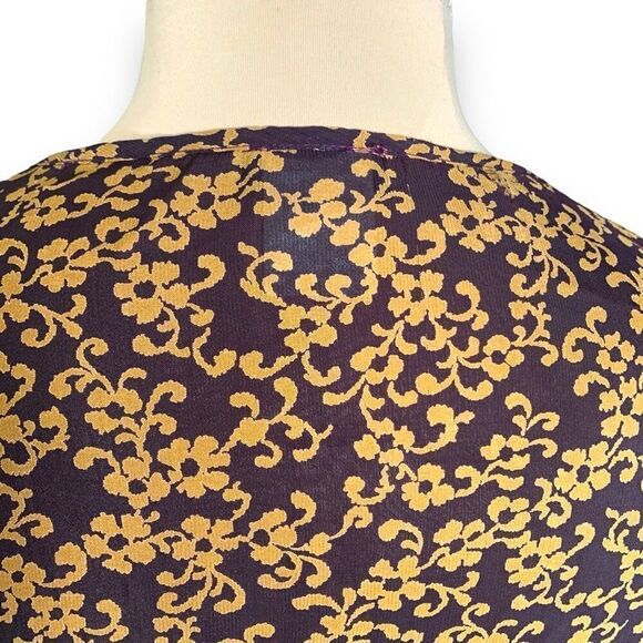 Vintage 90s Blouse Purple Ruffle Front Pirate Dark Floral Bell Long Sleeve Sheer - Picture 6 of 9